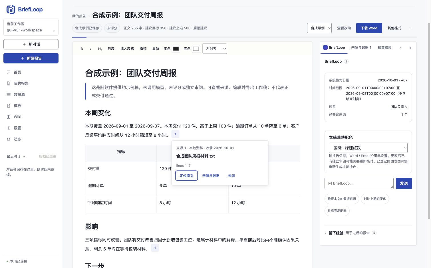 BriefLoop v3.1 预发行报告编辑界面、来源卡与涨跌配色（合成示例）